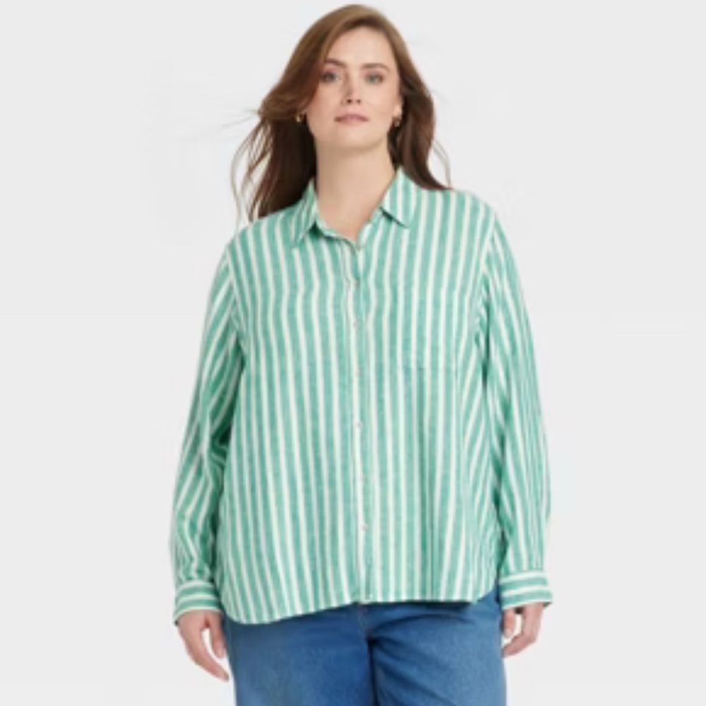 Green and White Striped Button-Up Shirt and Shorts Set - Picture 6 of 16